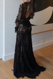 Black Lace See-Through Half A Turtleneck Long Sleeve Backless Cut Out High Slit Bodycon Party Evening Maxi Dress