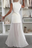 White Kintted V Neck Sleeveless Button up Waistcoat and Gauze See-through Maxi Skirts Casual Vacation Two Piece Dress Sets