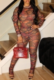 Multicolor Gauze Graphic Print O Neck Long Sleeve Tops and Pencil Pants Bodycon Two Piece Trouser Sets