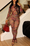 Multicolor Gauze Graphic Print O Neck Long Sleeve Tops and Pencil Pants Bodycon Two Piece Trouser Sets