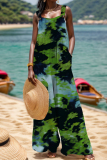 White Abstract Print Sleeveless Backless Button up Casual Vacation Plus Size Wide Leg Slip Jumpsuits