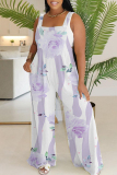 Light Blue Abstract Leopard Floral Print Sleeveless Backless Button up Casual Vacation Plus Size Wide Leg Slip Jumpsuits