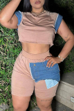 Rose Red Casual O Neck Short Sleeve T-shirt and Skinny Shorts Denim Patchwork Two Piece Short Sets