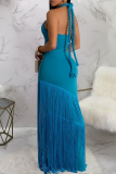 White Sleeveless Backless Fringed Trim Cut Out Twist Rope Bodycon Party Evening Halter Maxi Dresses