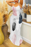 White Pink Feather Floral Print Sleeveless Backless Fitted Casual Party Vacation Plus Size Maxi Slip Dresses
