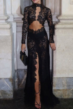 Black Lace See-Through Half A Turtleneck Long Sleeve Backless Cut Out High Slit Bodycon Party Evening Maxi Dress