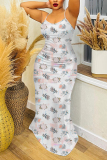 Green Graphic Floral Print Sleeveless Backless Fitted Casual Party Vacation Plus Size Maxi Slip Dresses