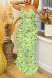 Green Graphic Floral Print Sleeveless Backless Fitted Casual Party Vacation Plus Size Maxi Slip Dresses