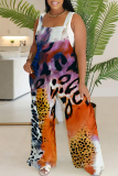 Light Blue Abstract Leopard Floral Print Sleeveless Backless Button up Casual Vacation Plus Size Wide Leg Slip Jumpsuits