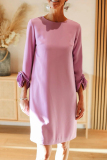 Red O Neck Long Sleeve 3D Flower Decor Casual Party Evening Straight Midi Dresses