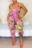 Pink Casual Feather Floral Print Sleeveless Backless Harem Loose Plus Size Cami Jumpsuits
