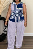 Blue Cartoon Print V Neck Sleeveless Tops and Drawstring Wide Leg Pants Plus Size Two Piece Trouser Sets