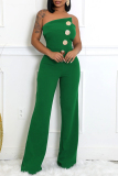 Rose Red Sleeveless Backless Strapless Button Up Straight Fitted Casual Party Tube Jumpsuits