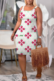 Grey Plaid Print U Neck Sleeveless Bodycon Plus Size Midi Vest Dresses