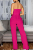 Rose Red Sleeveless Backless Strapless Button Up Straight Fitted Casual Party Tube Jumpsuits