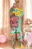 Blue Floral Print Off Shoulder Ruffled Short Sleeve Fitted Casual Vacation Straight Jumpsuits
