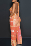 Pink Geometric Print Sleeveless Backless With Pocket Lace Up Halter Loose Casual Vacation Straight Jumpsuits