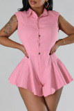 Pink Casual Turndown Collar Sleeveless Button up Fitted Ruffed Wide Leg Rompers