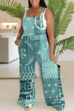 Light Blue Abstract Leopard Floral Print Sleeveless Backless Button up Casual Vacation Plus Size Wide Leg Slip Jumpsuits