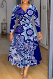 Multicolor Floral Print V Neck Long Sleeve High Waisted A-line Fitted Casual Vacation Plus Size Maxi Dresses