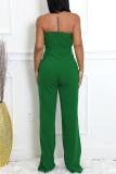 Rose Red Sleeveless Backless Strapless Button Up Straight Fitted Casual Party Tube Jumpsuits