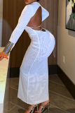 White Turtleneck Long Sleeve Backless Cross Straps Back Bodycon Party Evening Maxi Dresses