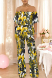 Blue Floral Print Off Shoulder Ruffled Short Sleeve Fitted Casual Vacation Straight Jumpsuits