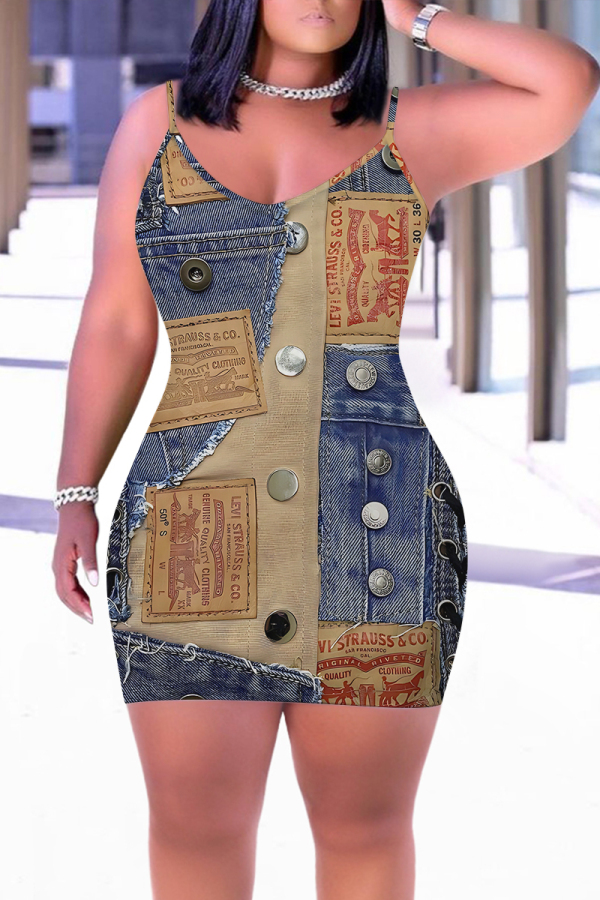 Blue Khaki Faux Denim Print Sleeveless Backless Bodycon Casual Outing Plus Size Mini Slip Dresses