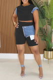 Rose Red Casual O Neck Short Sleeve T-shirt and Skinny Shorts Denim Patchwork Two Piece Short Sets