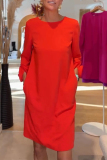 Red O Neck Long Sleeve 3D Flower Decor Casual Party Evening Straight Midi Dresses