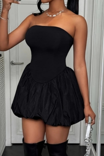 Black Sleeveless Backless A-line Fitted Ball Gown Party Club Wear Mini Bubble Tube Dresses