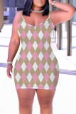 White Cartoon Print Sleeveless Backless Bodycon Casual Outing Plus Size Mini Slip Dresses