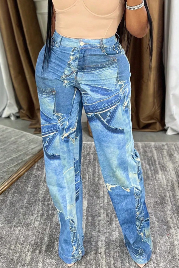 Blue Casual Faux Denim Print Patchwork Mid Waist Straight Pants Bottoms