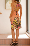 Green Floral Print Sleeveless Backless Lace Up Halter Fitted Casual Party Vacation Midi Dresses