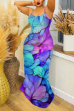 Blue Pink Plant Floral Print Sleeveless Backless Fitted Casual Party Vacation Plus Size Maxi Slip Dresses