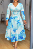 Purple Graphic Print V Neck Long Sleeve High Waisted A-line Fitted Casual Vacation Plus Size Maxi Dresses