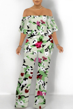 Blue Floral Print Off Shoulder Ruffled Short Sleeve Fitted Casual Vacation Straight Jumpsuits