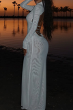 White Turtleneck Long Sleeve Backless Cross Straps Back Bodycon Party Evening Maxi Dresses