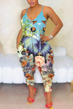 Pink Casual Feather Floral Print Sleeveless Backless Harem Loose Plus Size Cami Jumpsuits