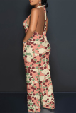 Pink Geometric Print Sleeveless Backless With Pocket Lace Up Halter Loose Casual Vacation Straight Jumpsuits
