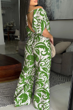 Green Casual Leaf Print V Neck Short Batwing Sleeve Backless Tie-back Loose Casual Vacation Wide Leg Jumpsuits
