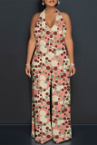 Pink Geometric Print Sleeveless Backless With Pocket Lace Up Halter Loose Casual Vacation Straight Jumpsuits