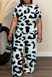 White Green Casual Abstract Leopard Print O Neck Short Sleeve T-shirt and Wide Leg Pants Two Piece Trouser Sets