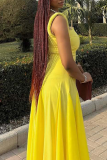 Yellow Square Collar Sleeveless High Waist Fitted A-lline Party Vacation Maxi Slip Dresses