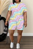 Orange Abstract Print O Neck Short Sleeve T-shirt and Skinny Shorts Casual Outing Two Piece Short Sets