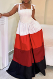 White Red Colorblock Square Collar Sleeveless Lace up High Waist Fitted A-lline Party Vacation Maxi Slip Dresses