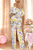 Blue Floral Print Off Shoulder Ruffled Short Sleeve Fitted Casual Vacation Straight Jumpsuits
