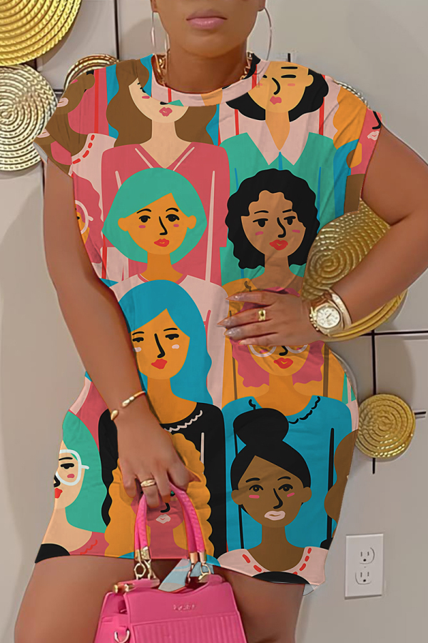 Multicolor Graphic Figure Print O Neck Short Sleeve Loose Casual Outing Plus Size Mini T-shirt Dress