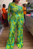 Green Casual Graphic Print Oblique Collar Long Sleeve Tops and Pleated Wide Leg Pants Fitted Two Piece Trouser Sets
