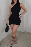 Black One Shoulder Sleeveless Backless Cut Out Ruched Bodycon Party Club Wear Mini Dresses